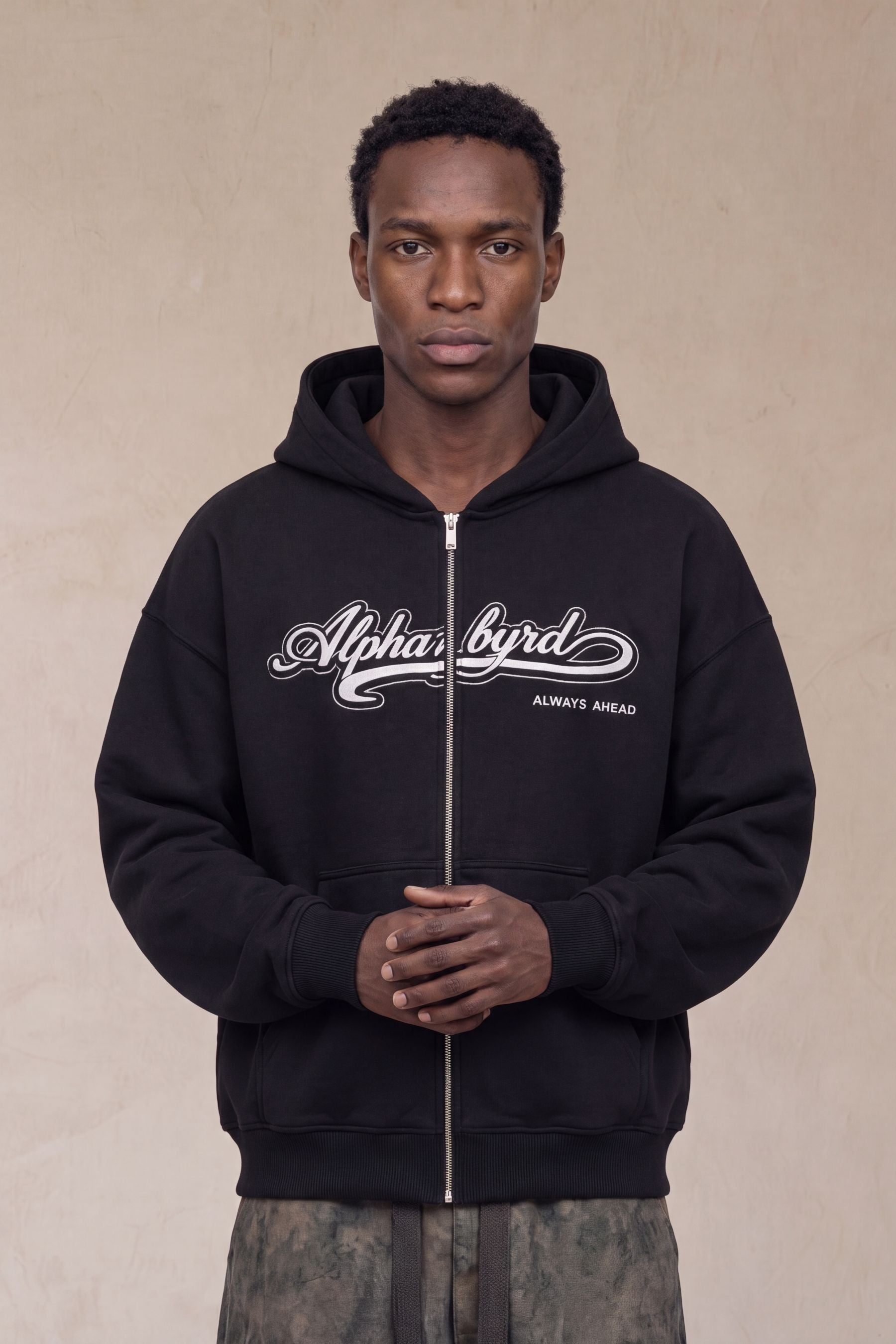 AlphaByrd Varsity Script Oversize Zip Hoodie BLK